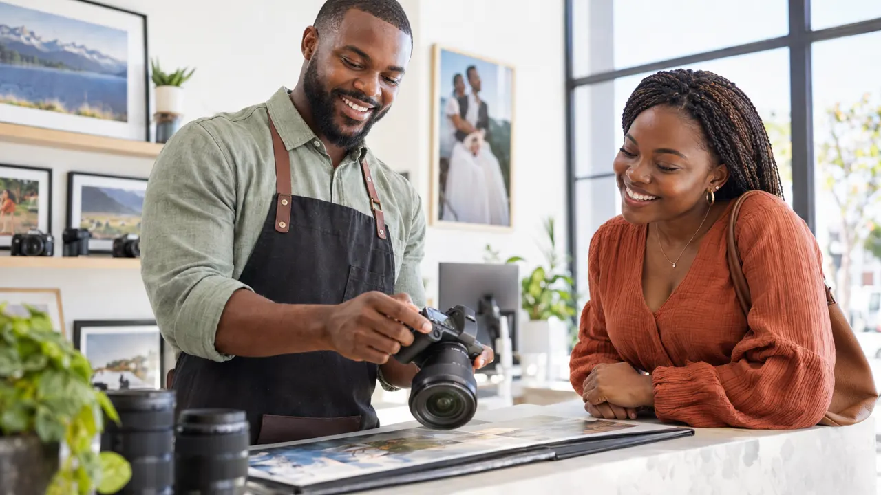 Man of West African descent, the owner of a photography business, warmly helping a happy customer in their bright photography business
