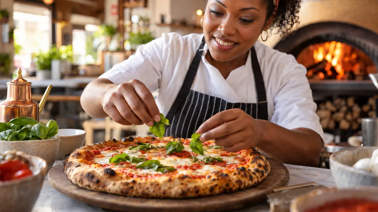 Close view of the hands of a woman, the owner of a pizza shop, doing the work with care, the finished result beautiful and in sharp focus, their bright…