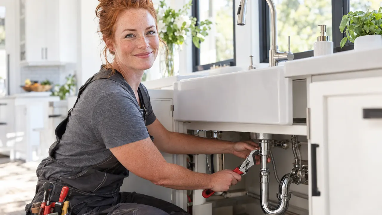 Woman, the owner of a plumbing business, proudly at work in a bright modern kitchen, the work itself beautiful and in sharp focus