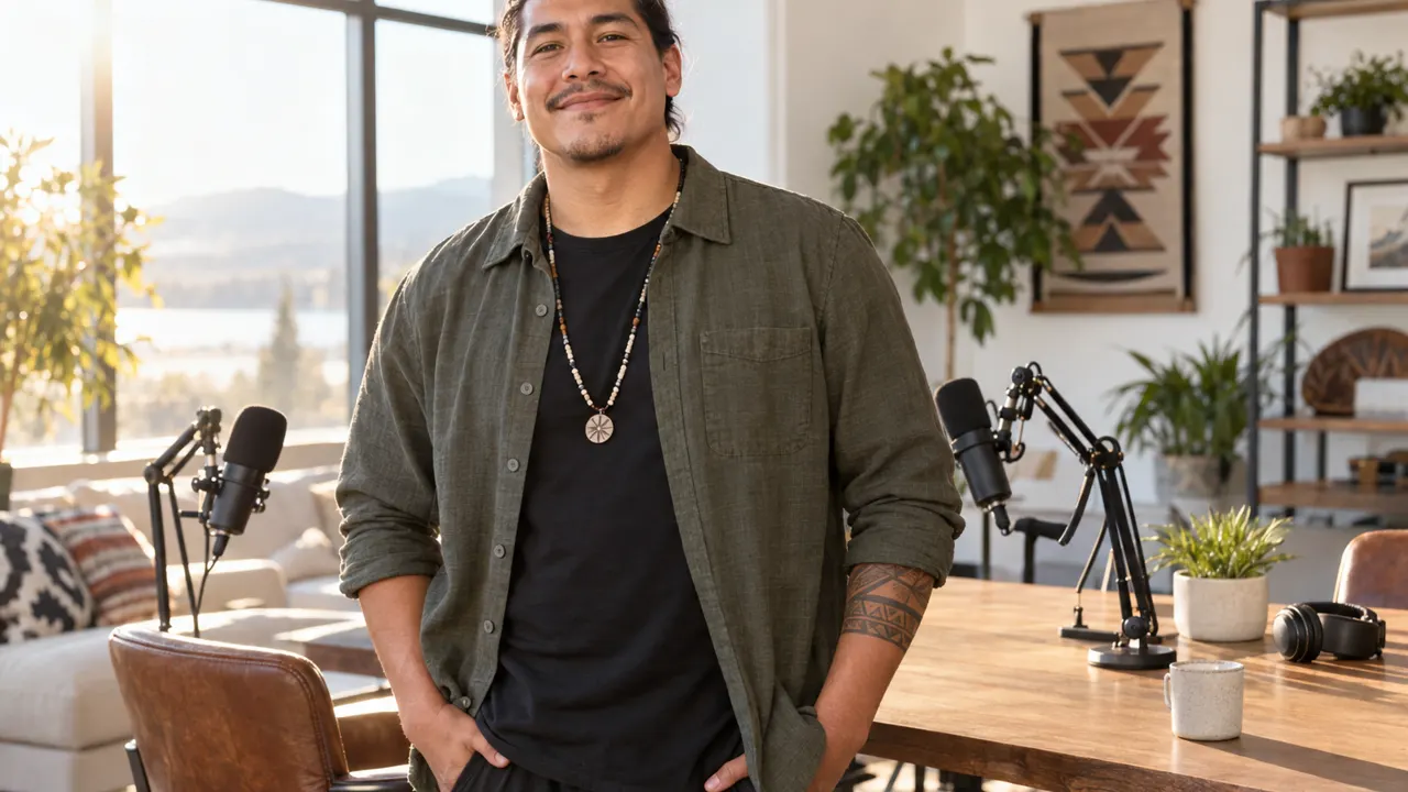 Man, the podcast host, standing confidently in a bright podcast studio with microphones, relaxed and smiling, golden morning sunlight