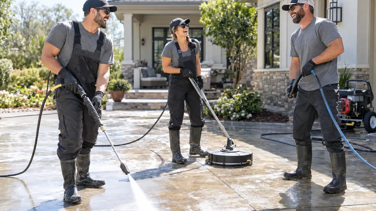 Three friends and thirties who run a pressure washing business together, laughing while they work in a sunny driveway and patio