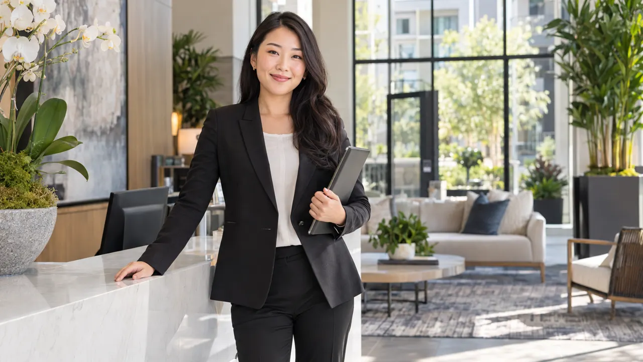 Woman of descent, the property manager, proudly at work in a bright modern apartment building lobby, the work itself beautiful and in sharp focus