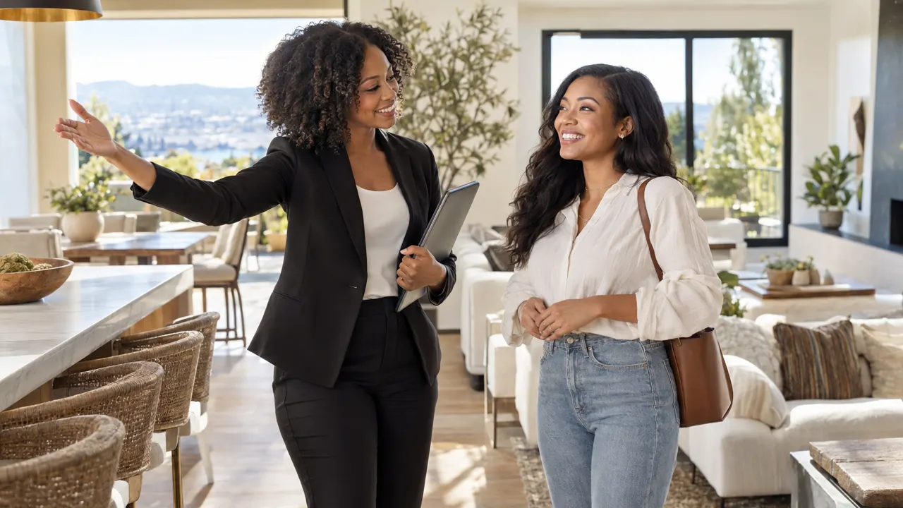 Woman, the real estate agent, warmly helping a happy customer in a bright sunny modern home for sale