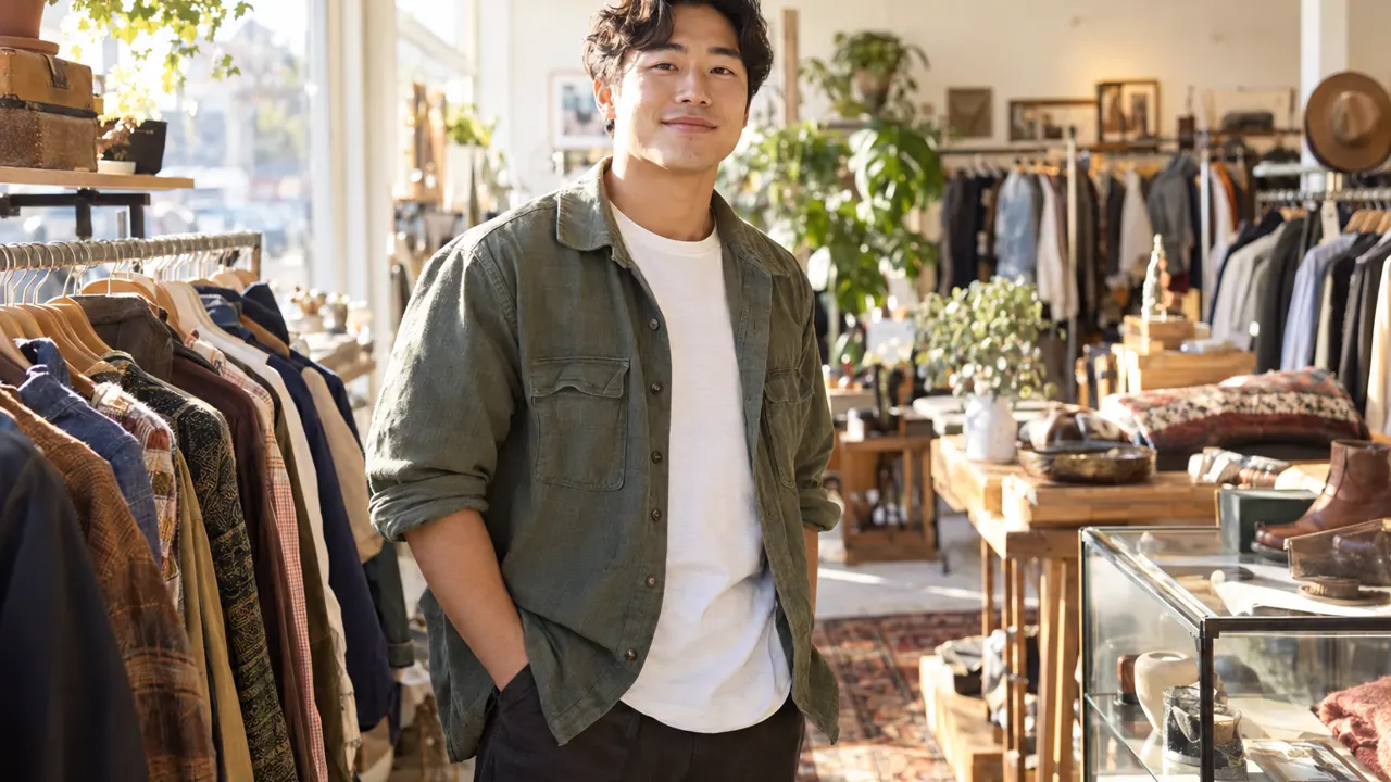Man, the owner of a resale thrift store, standing confidently in their bright resale thrift store, relaxed and smiling, golden morning sunlight