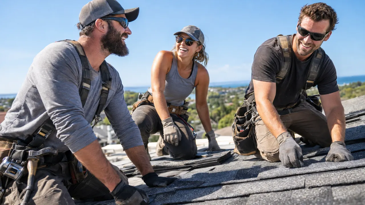 Three friends and thirties who run a roofing company together, laughing while they work in a sunny rooftop with clear blue sky