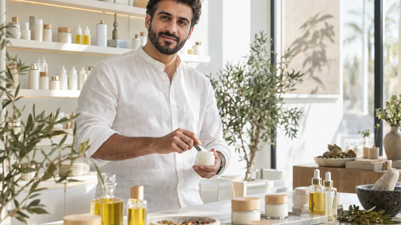 Man, the owner of a skincare brand, proudly at work in their bright skincare brand, the work itself beautiful and in sharp focus