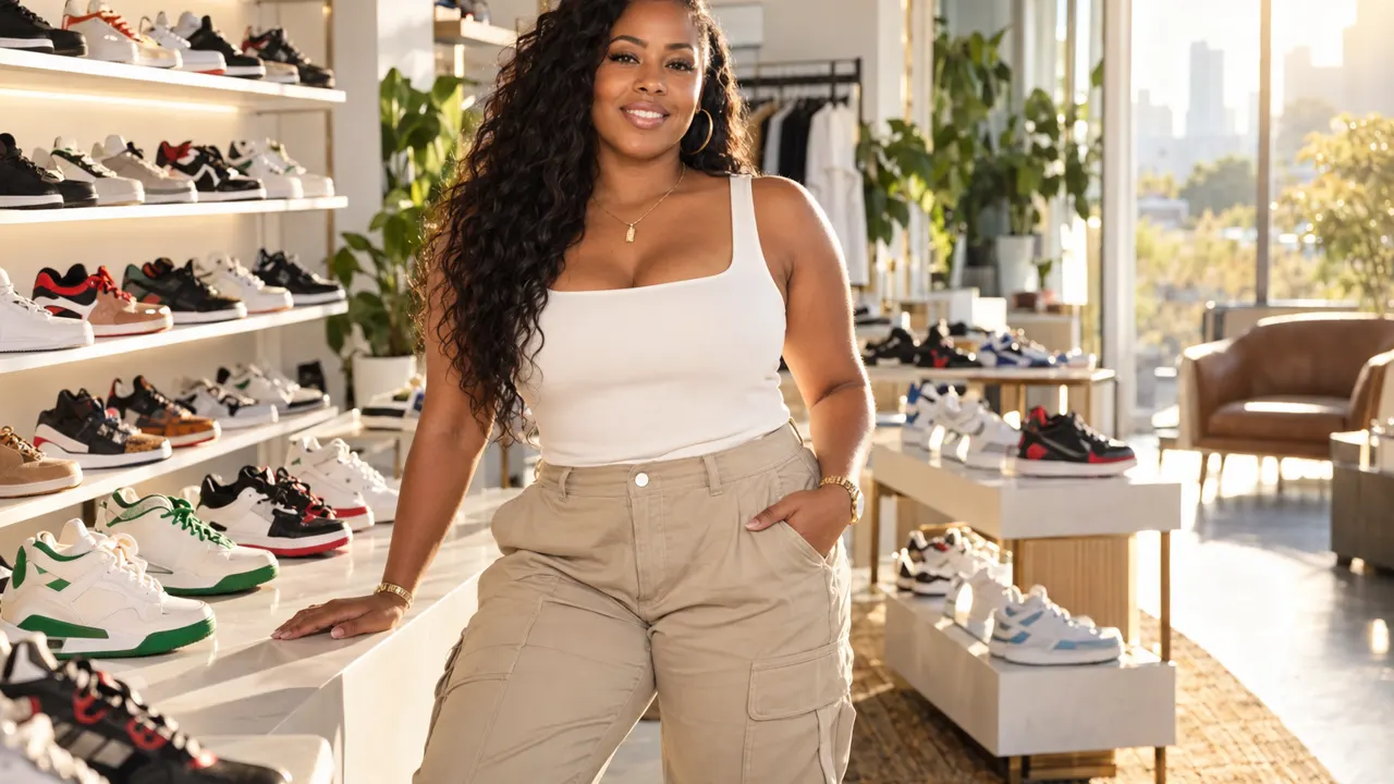 Woman, the owner of a sneaker resale business, standing confidently in their bright sneaker resale business, relaxed and smiling, golden morning sunlight