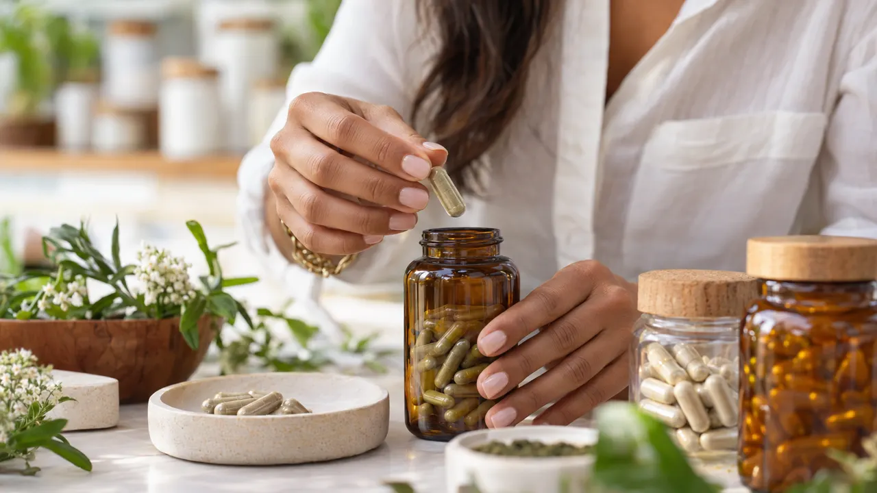 Close view of the hands of a woman, the owner of a supplement brand, doing the work with care, the finished result beautiful and in sharp focus, their…
