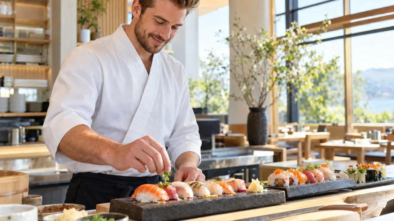 Man, the owner of a sushi restaurant, proudly at work in their bright sushi restaurant, the work itself beautiful and in sharp focus