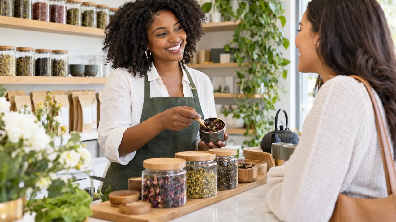 Woman, the owner of a tea brand, warmly helping a happy customer in their bright tea brand