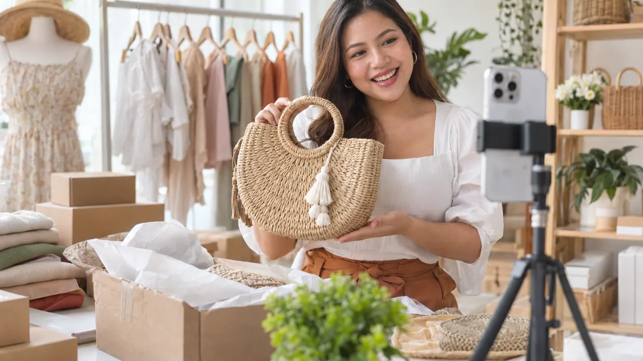 Woman, the TikTok shop seller, proudly at work in a bright tidy home studio with a phone on a tripod, the work itself beautiful and in sharp focus