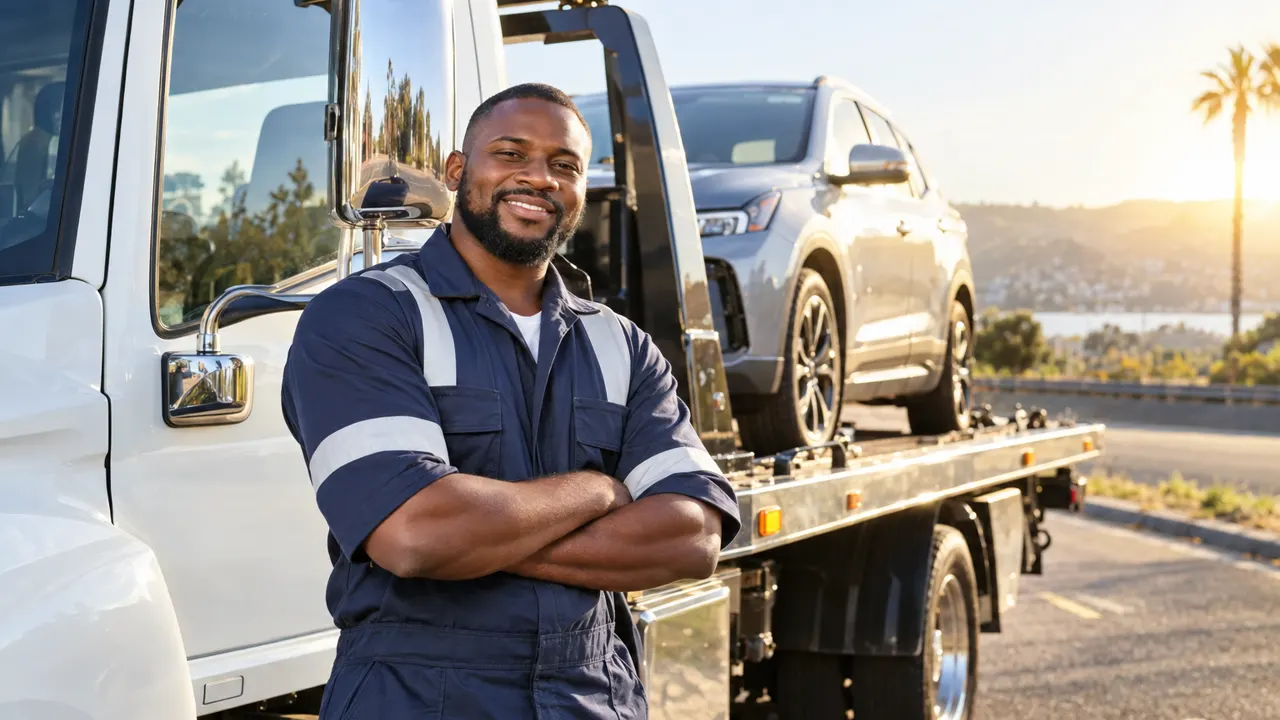 Man of West African descent, the owner of a towing company, standing confidently in a sunny roadside beside a clean tow truck, relaxed and smiling, golden…