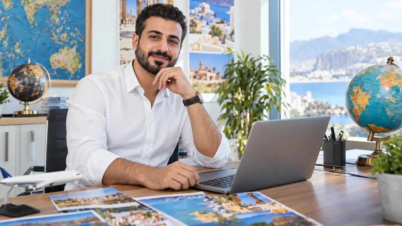 Man, the travel agent, proudly at work in a bright travel office with colorful globes, the work itself beautiful and in sharp focus
