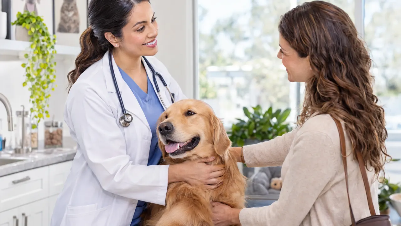 Woman, the veterinarian, warmly helping a happy customer in a bright modern veterinary clinic