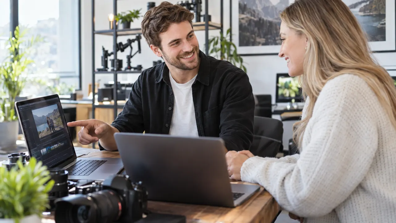 Man, the owner of a videography business, warmly helping a happy customer in their bright videography business