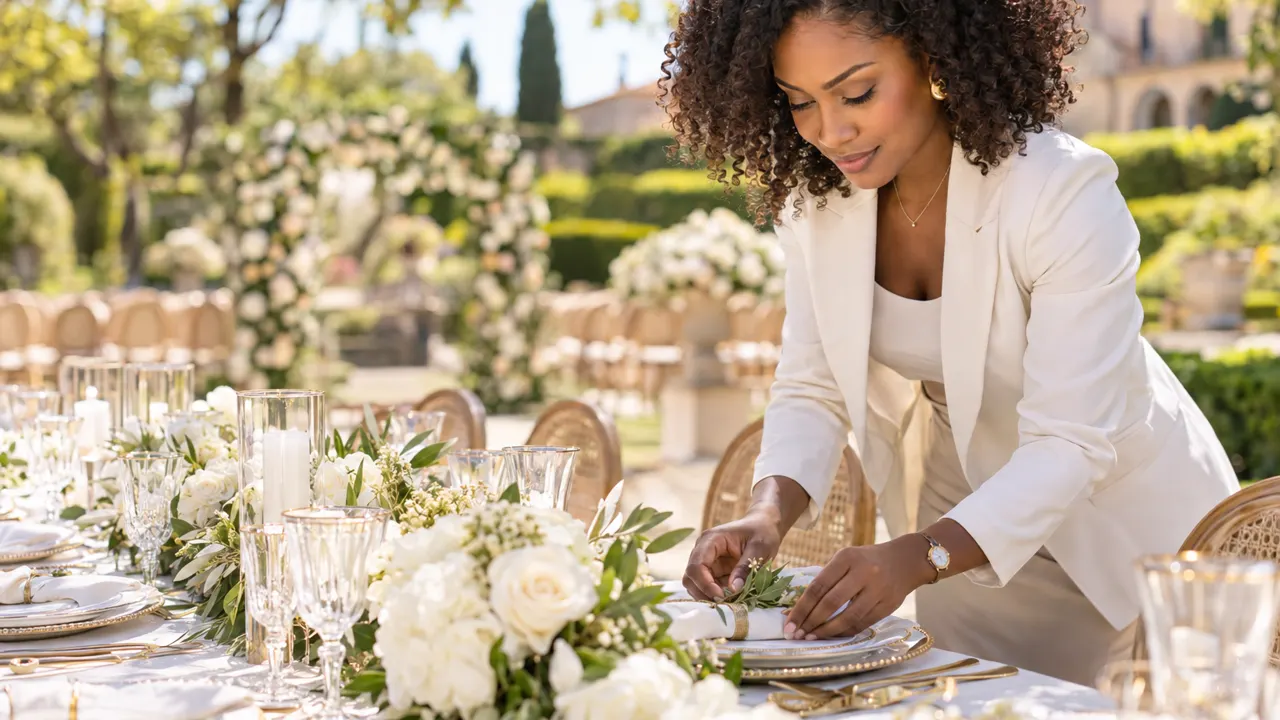 Close view of the hands of a woman, the owner of a wedding planner business, doing the work with care, the finished result beautiful and in sharp focus, a…