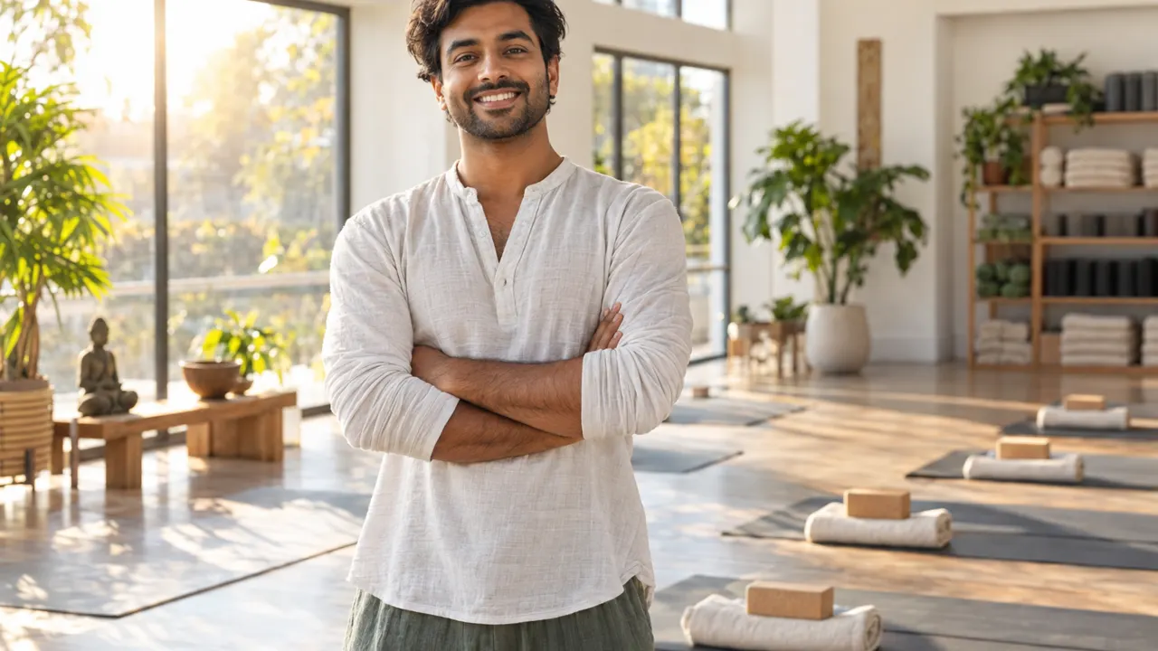 Man, the owner of a yoga studio, standing confidently in their bright yoga studio, relaxed and smiling, golden morning sunlight