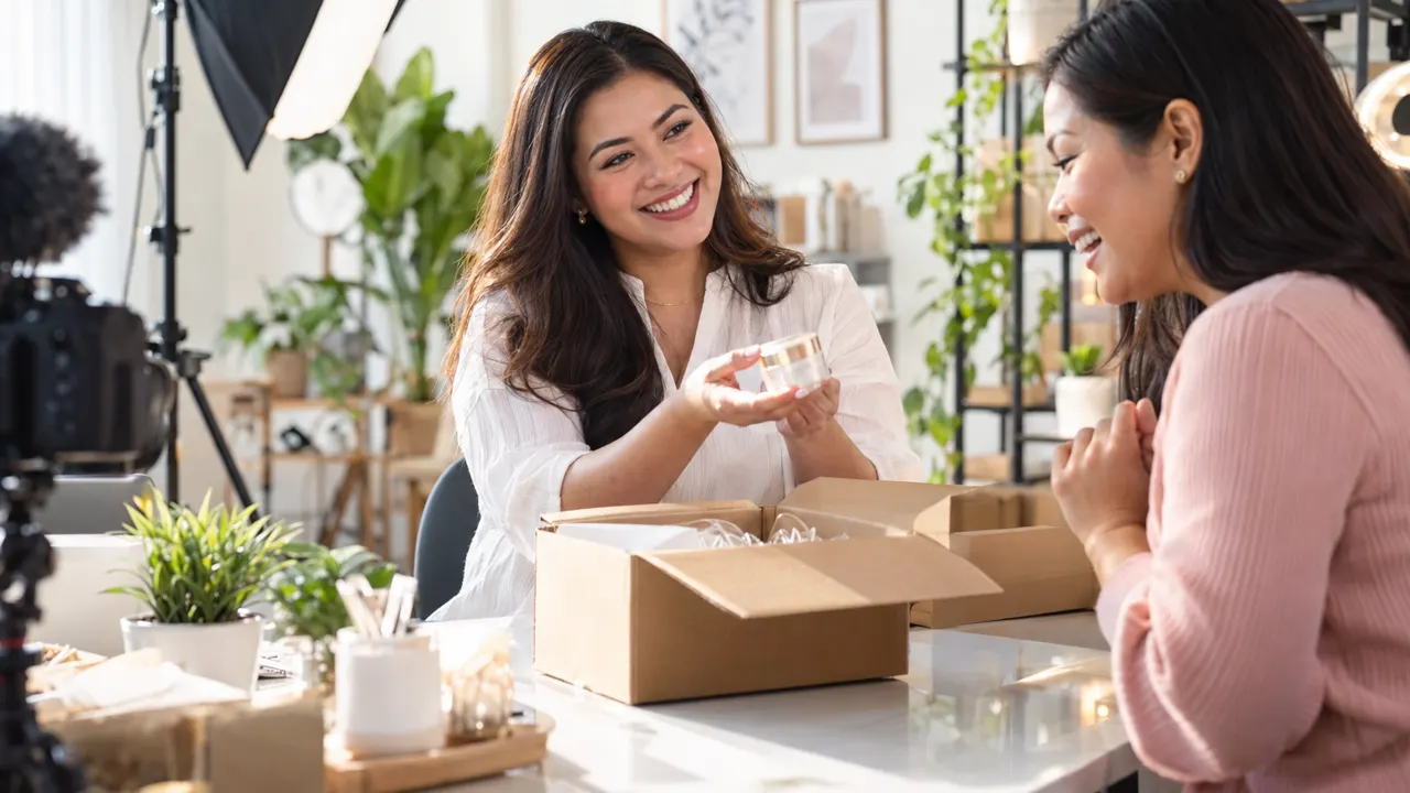 Woman, the YouTube creator, warmly helping a happy customer in a bright creator studio with soft lights