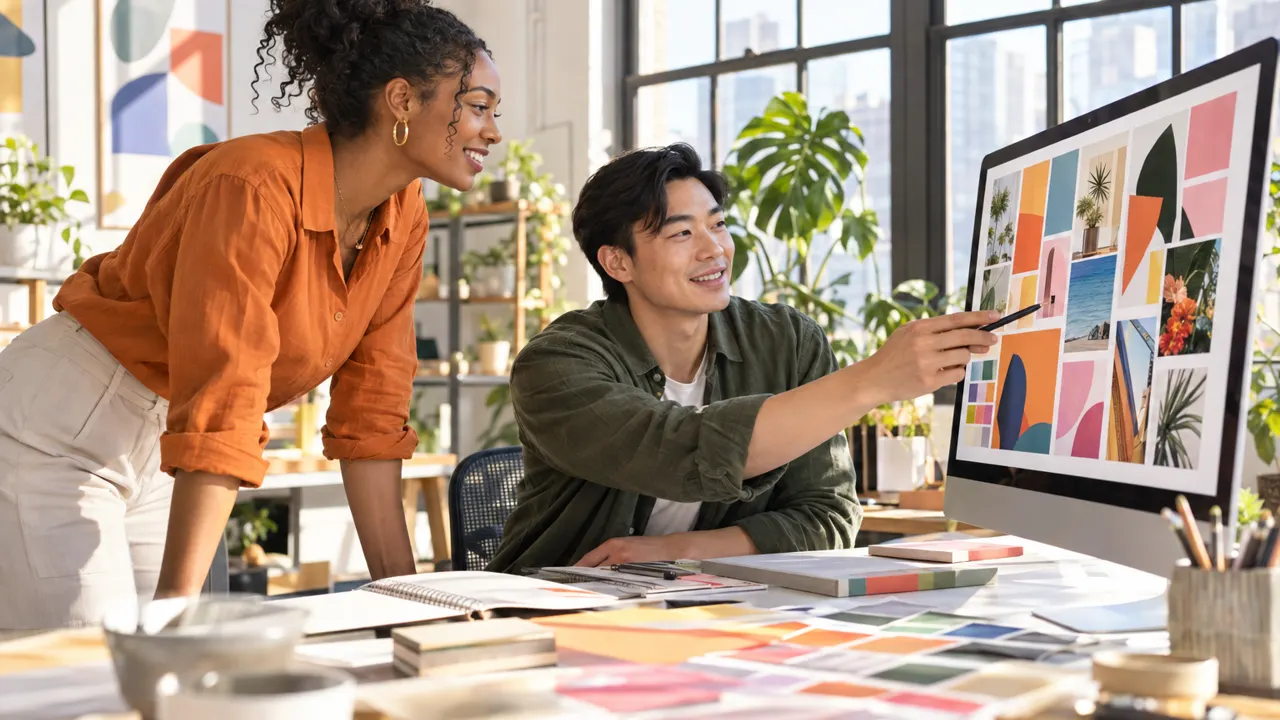 Two founders, a woman and a man, reviewing bright brand mood boards of color blocks and shapes on a large monitor in a sunny loft studio