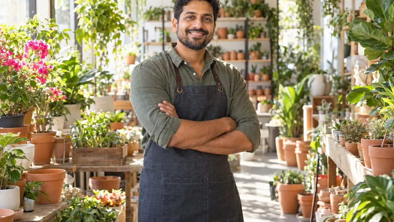 A confident man, owner of a thriving neighborhood garden shop, standing among bright plants and terracotta pots in his sunlit store