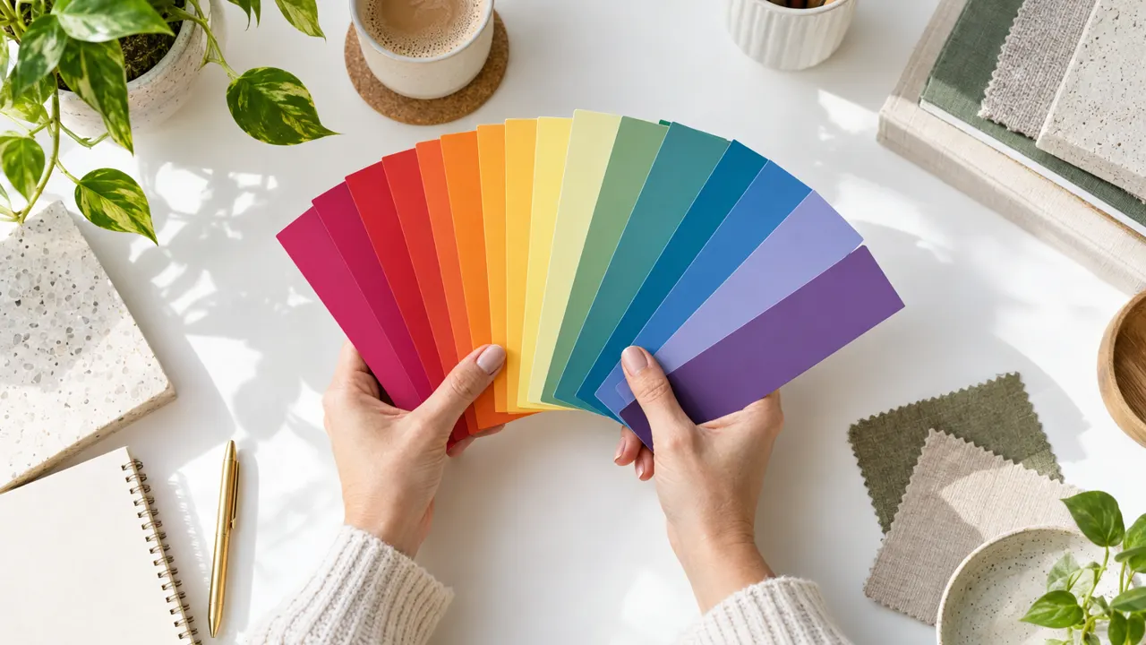 Overhead view of a designer's hands fanning out vibrant blank paint swatch cards in a rainbow on a bright desk