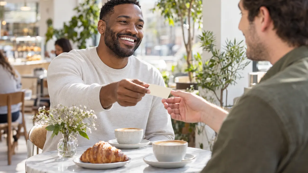 A smiling man handing a plain cream card to a happy client across a bright cafe table