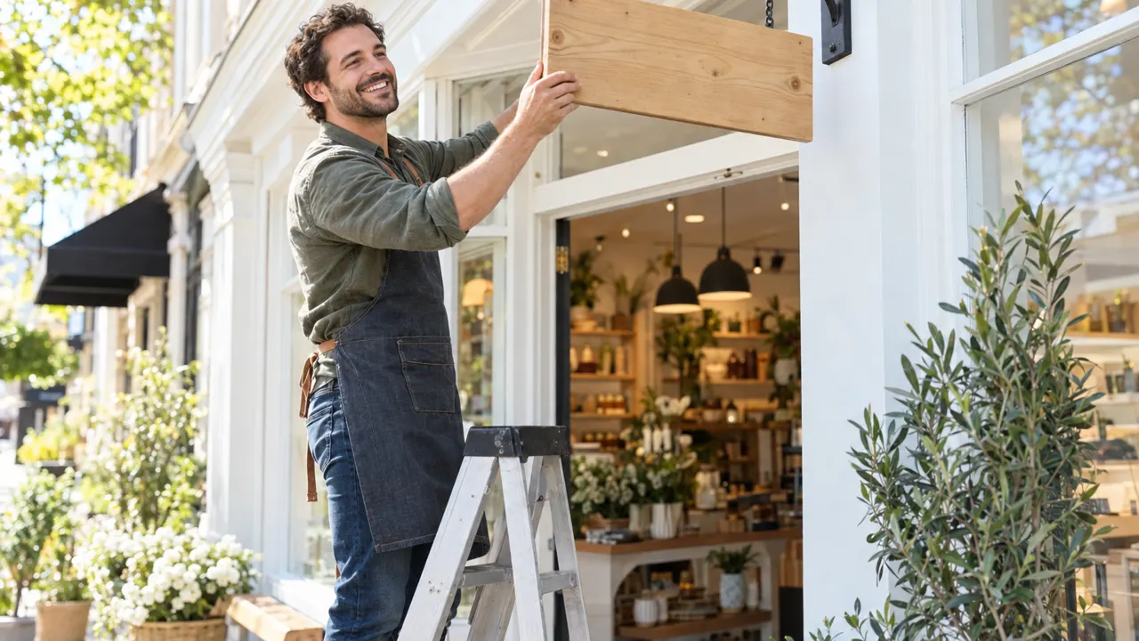 A cheerful shop owner on a short ladder hanging a blank natural-wood sign above a bright freshly painted storefront, sunny morning