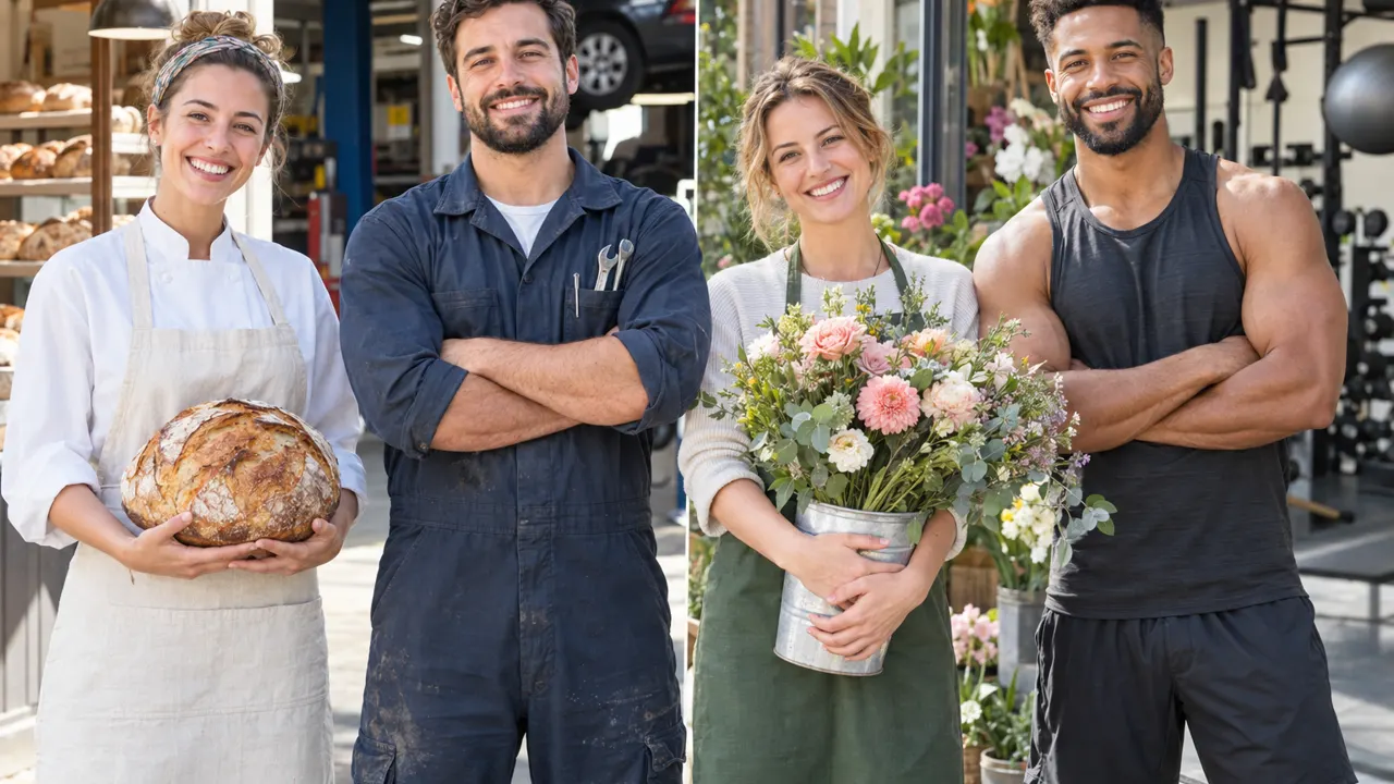 Four smiling small-business owners and thirties, a baker, a mechanic, a florist and a fitness coach, standing together in bright daylight