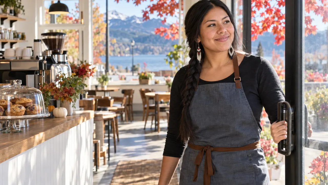 A smiling woman opening her cozy bright cafe on a crisp sunny morning in a small Canadian town, red maple leaves outside the big window