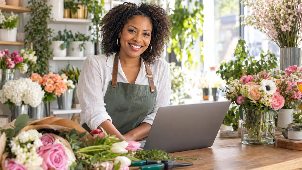 A cheerful woman, a florist, at the counter of her bright flower shop with a laptop and fresh bouquets all around