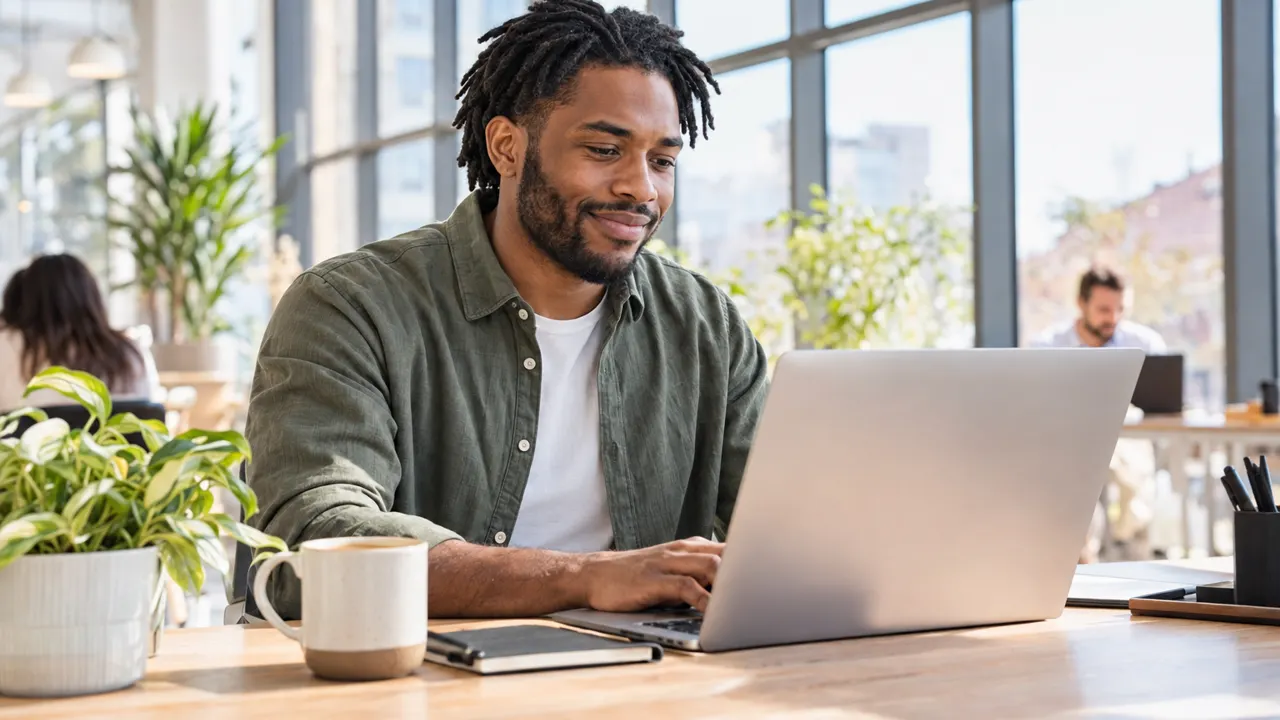 A man working on a laptop at a bright modern coworking desk, coffee and a small plant beside him