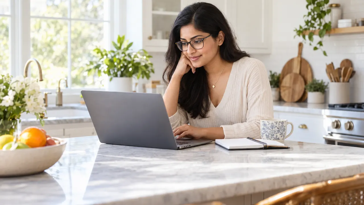 A woman researching on a laptop at a bright kitchen island, notebook beside her, morning light