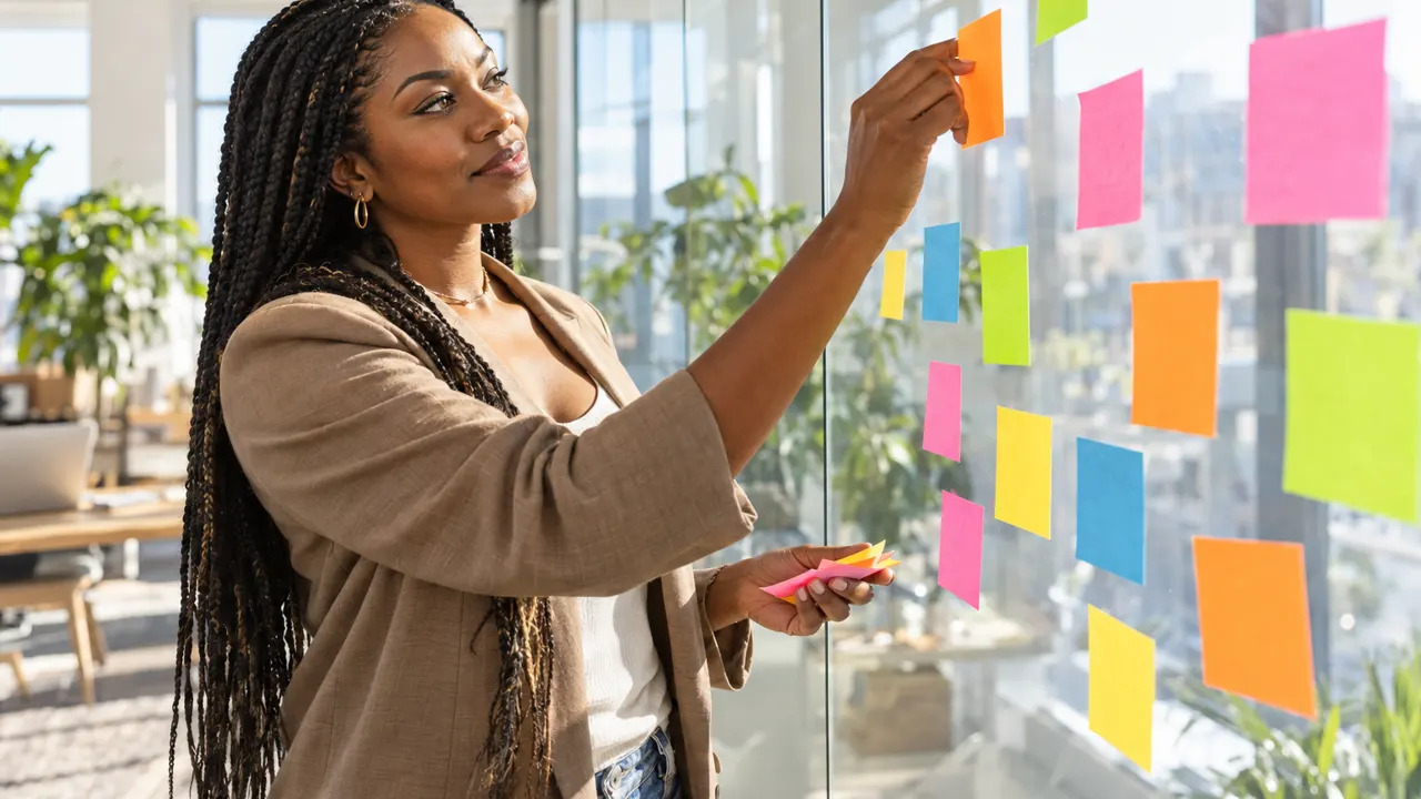 A woman brainstorming with colorful blank sticky notes on a bright glass wall in a sunny office