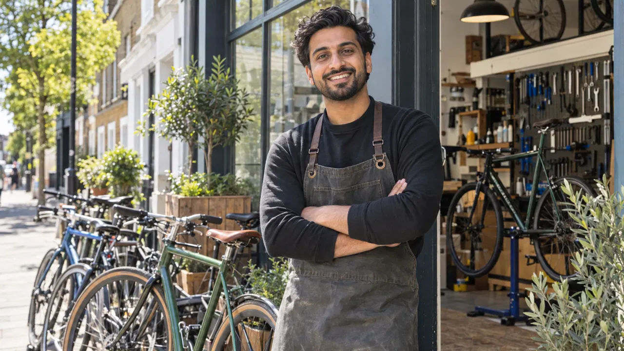 A smiling man outside his bright independent bicycle repair shop on a sunny London side street, bicycles outside