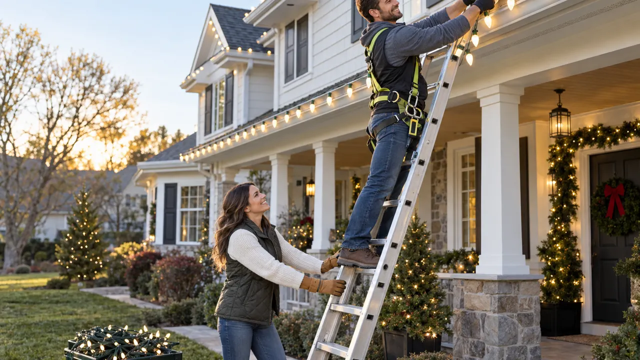 An installer on a sturdy ladder clips warm white holiday lights along a home’s roofline while a partner steadies the ladder