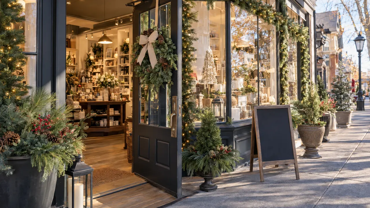 A small shop front decorated for the holidays with a wreath, garland and a blank chalkboard sign