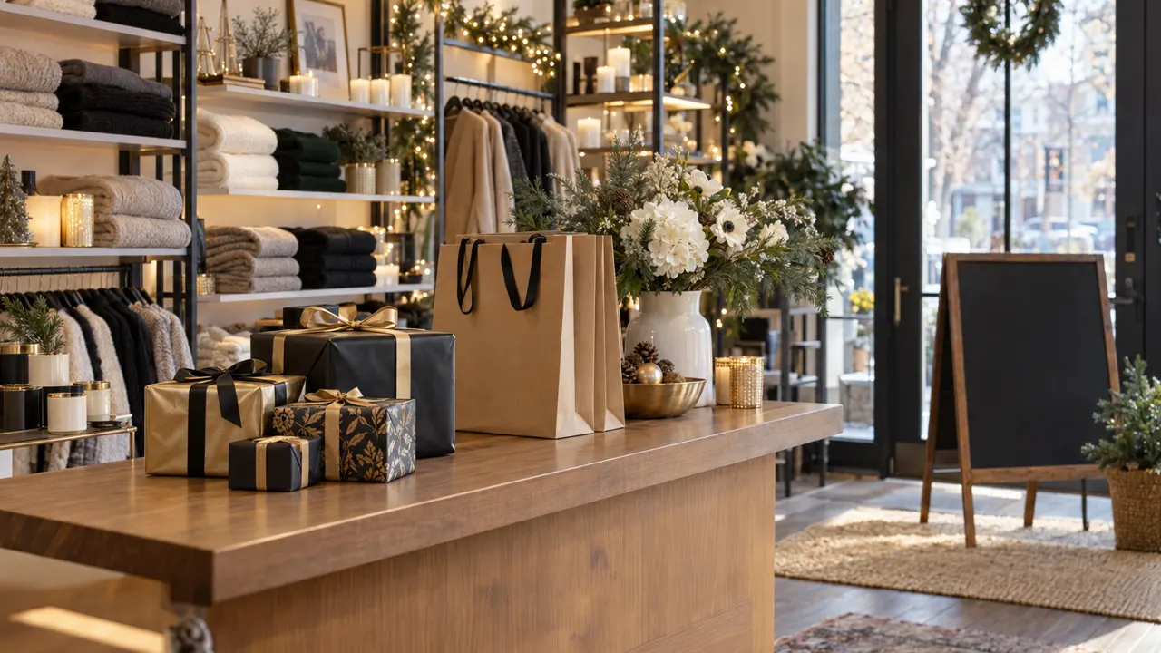 A small boutique counter ready for a holiday sale, with wrapped gifts, shopping bags and a blank chalkboard sign