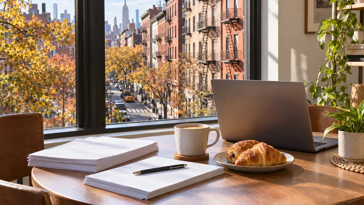 Una mesa con formularios en blanco, una laptop, café y cruasanes junto a una ventana con vista a una calle de Nueva York