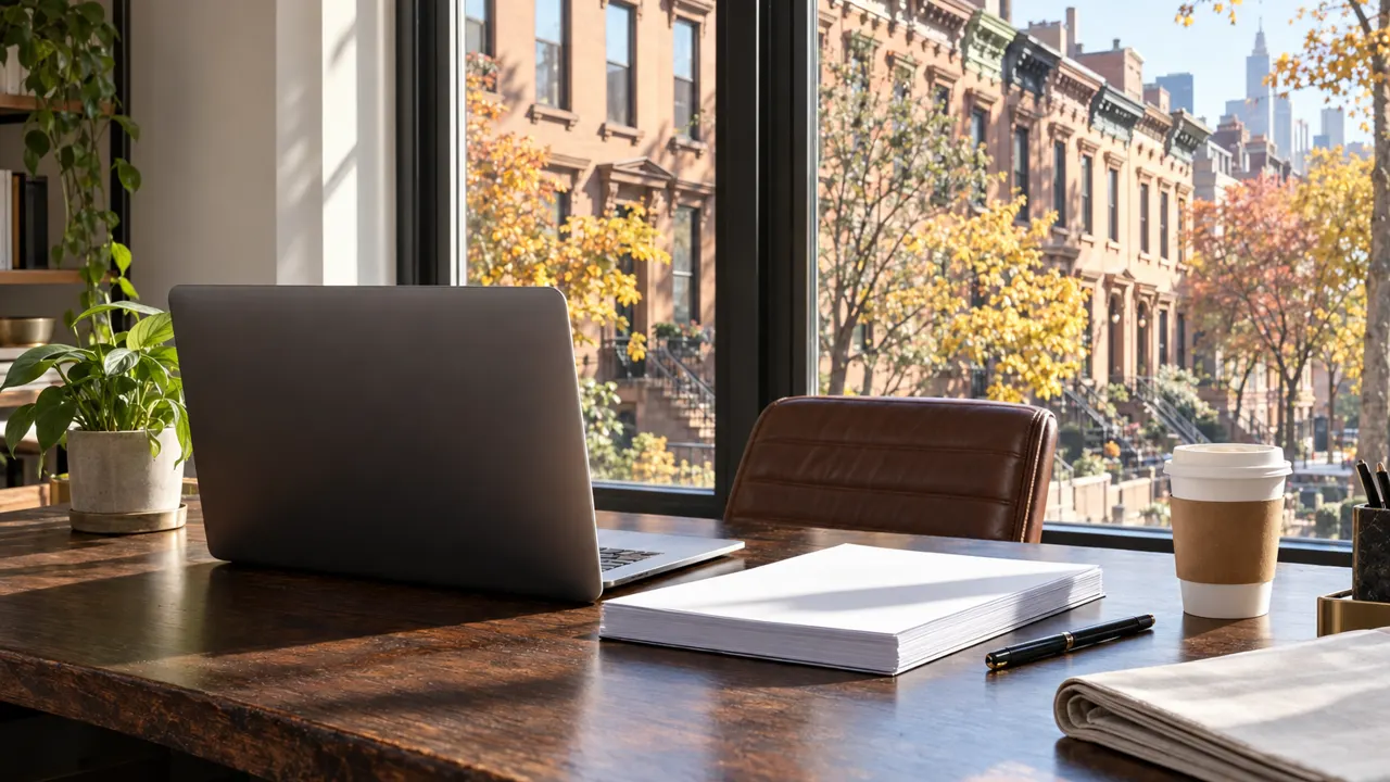 A tidy desk with a laptop, blank paperwork and a folded newspaper by a window overlooking New York brownstones