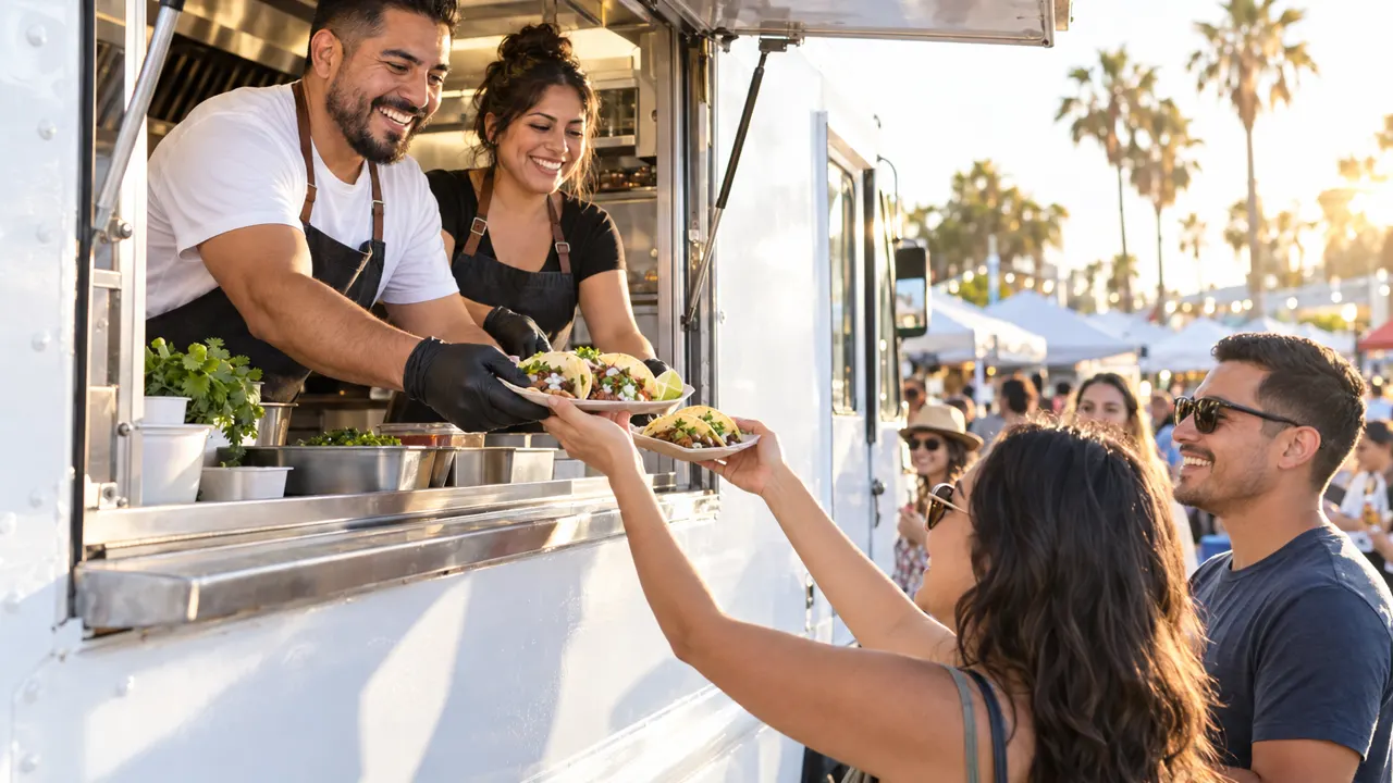 Una pareja sonriente sirve tacos desde su food truck en un mercado al aire libre, al atardecer