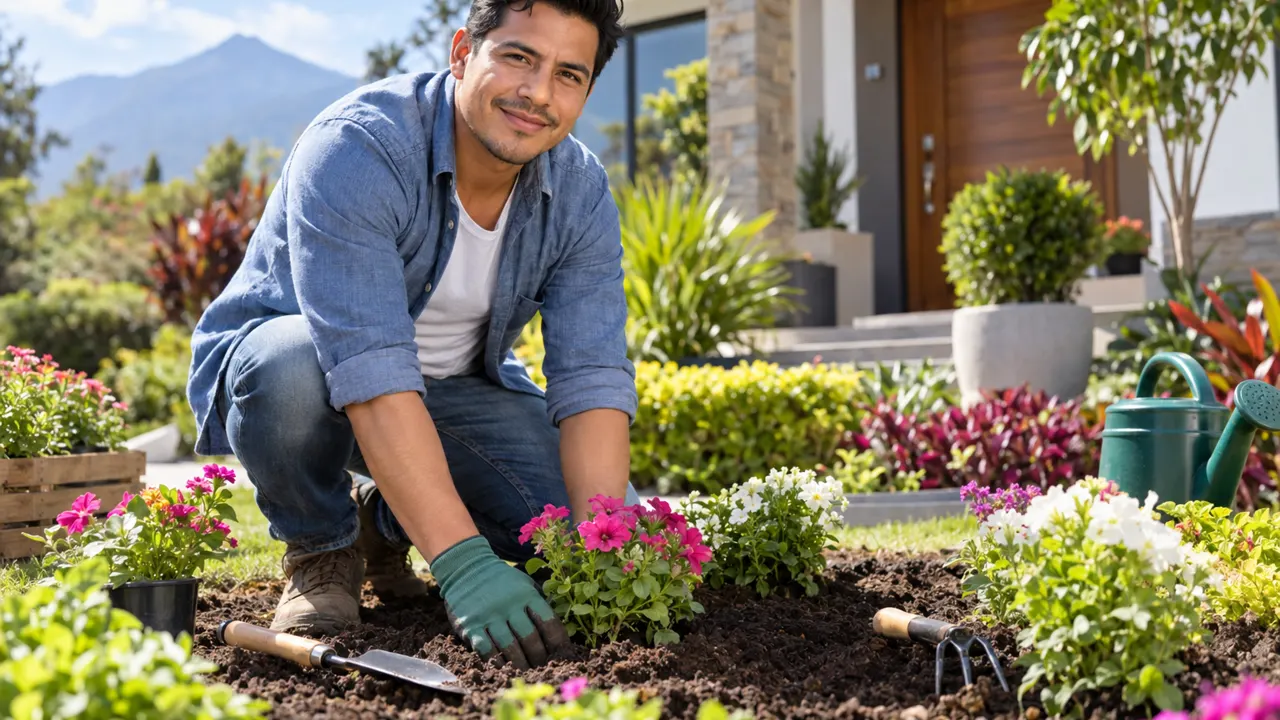 Un jardinero seguro de sí mismo planta flores en un jardín soleado y recién arreglado