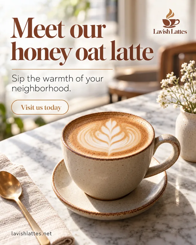 A social post Spark made for Lavish Lattes, a coffee bar: Meet our honey oat latte