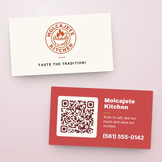 Molcajete Kitchen business card, front and back: the back has a QR code and the phone number