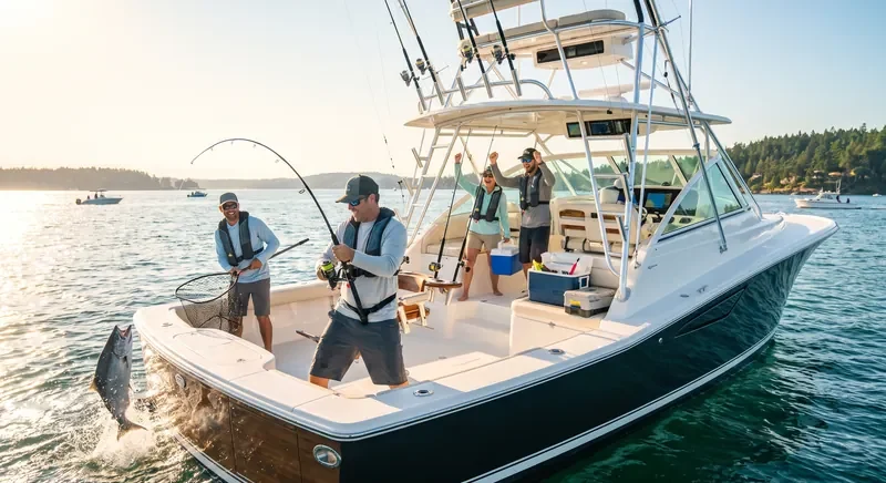 Sunrise Tides Charters &mdash; anglers on a sport-fishing boat at first light, rods bent as the catch comes in