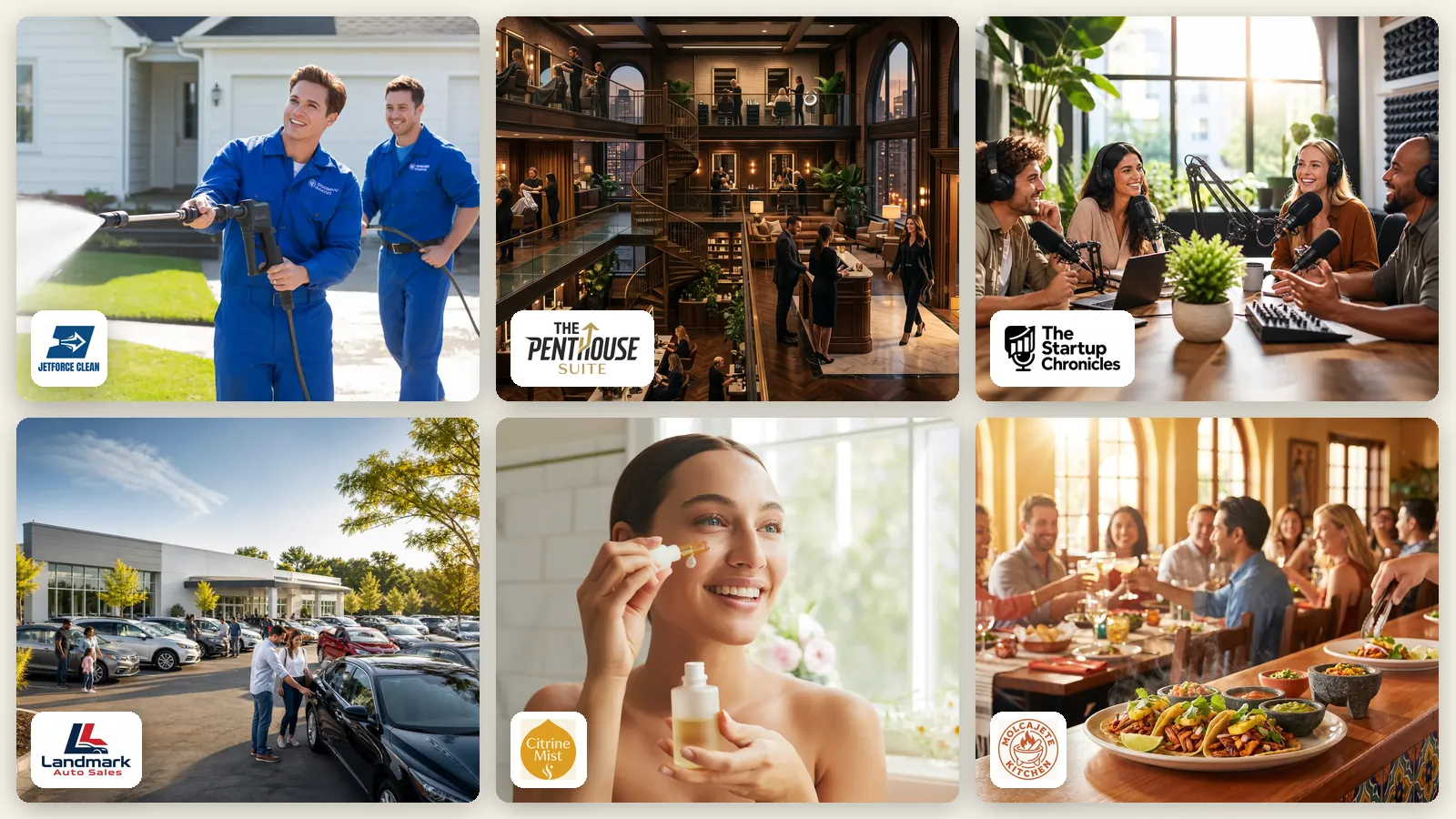 Six real brands built by Spark, each with its photo and logo — a pressure-washing crew, a salon, a podcast, a car dealership, a skincare customer and a taco kitchen