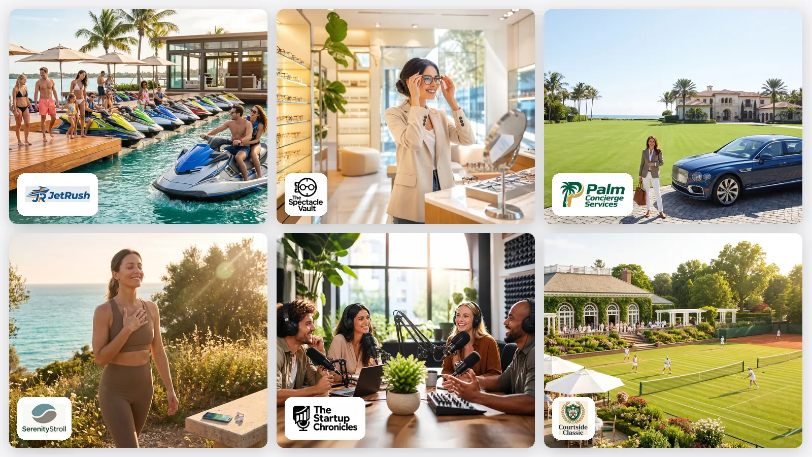 Six real brand photos with people — podcast hosts, a realtor, car buyers, a fitness class, a salon and a tennis club