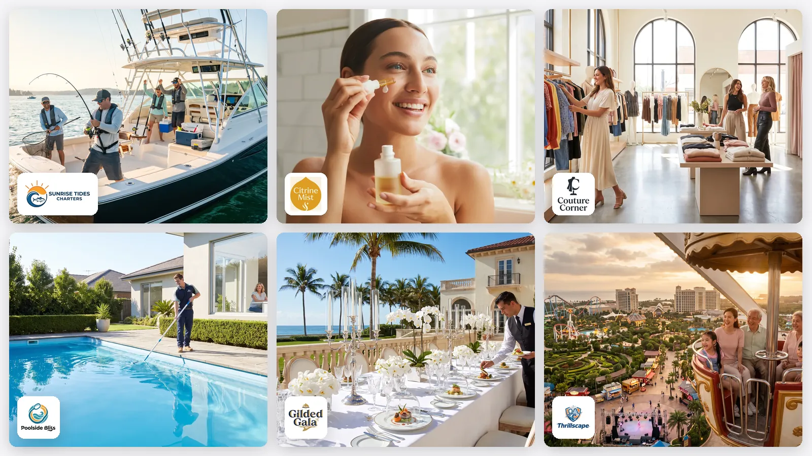 Six real brand photos with people — skincare, law, chauffeur, eyewear, painting and an amusement park