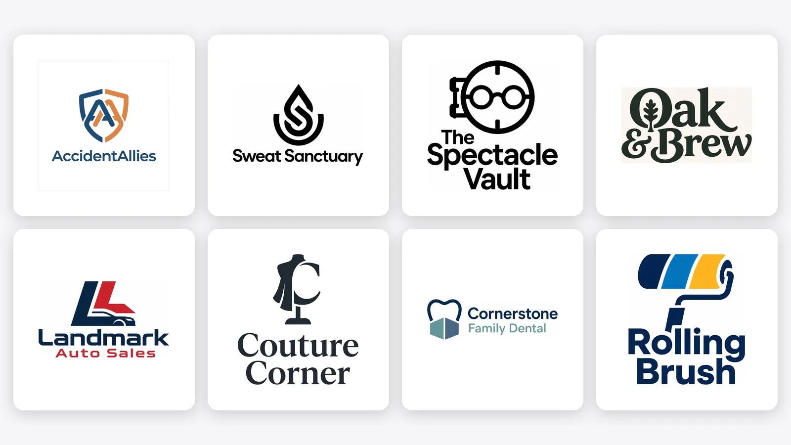 Eight real logos delivered by Spark, each with its own mark and wordmark